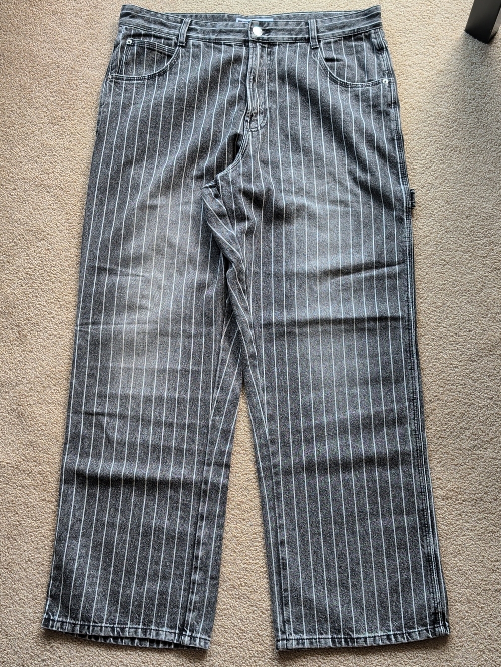 Bershka Grey Striped Carpenter Jeans
